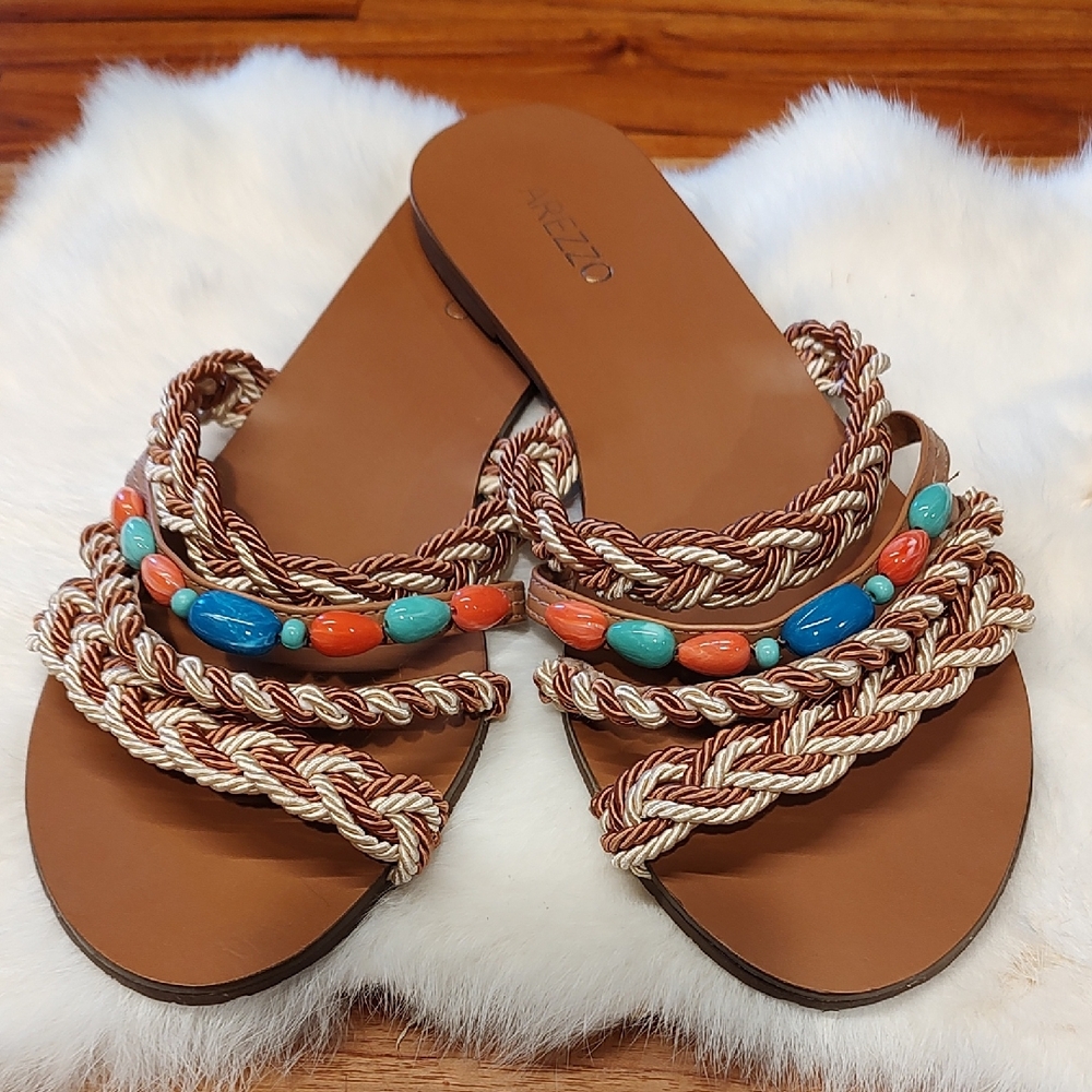 Arezzo Made In Brazil Beaded Braided Slide Sandals SZ: 10 Boho Beachy